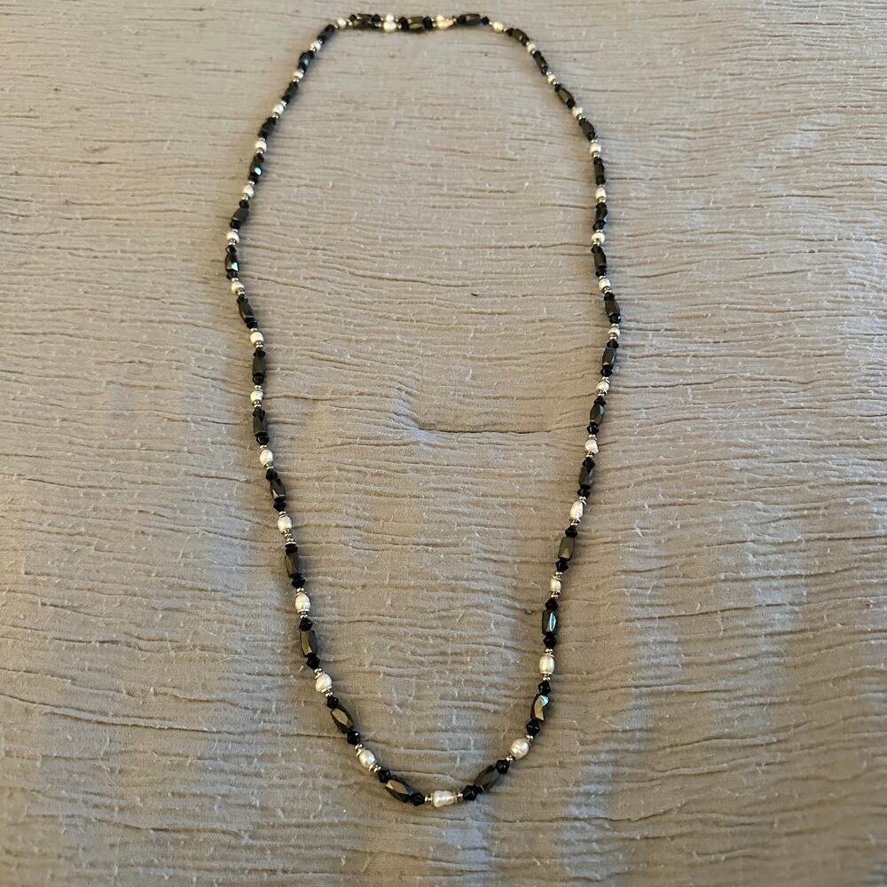 Vintage Black Beaded & Faux Pearl Magnetic Choker Necklace - Convertible Design - Picture 5 of 6